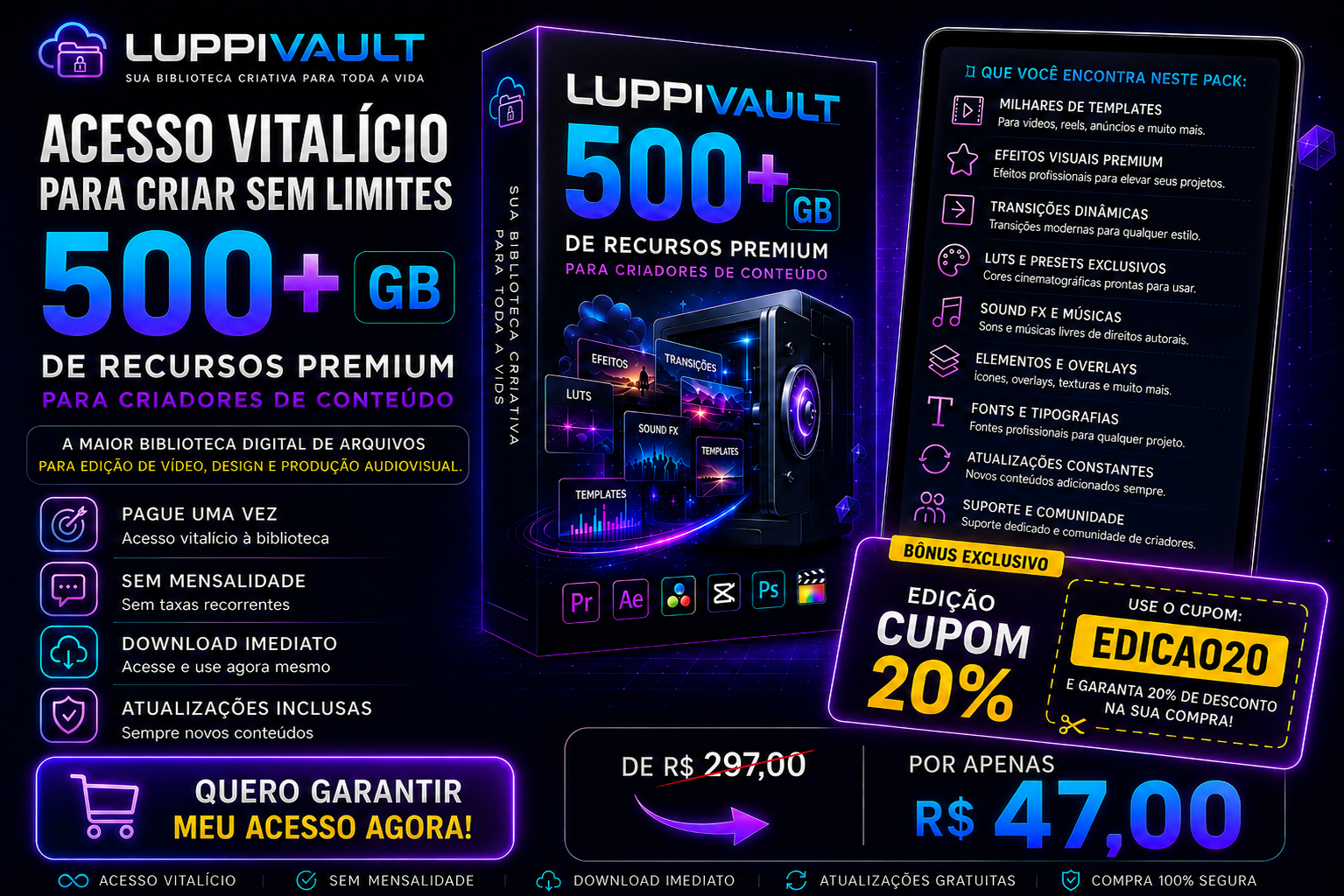 LuppiVault — 500+ GB · Cupom EDICAO20 · R$ 47,00