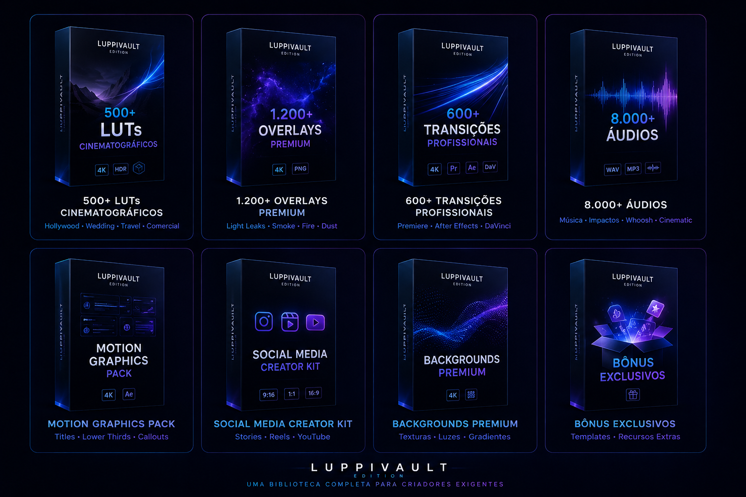 LuppiVault Edition — LUTs, Overlays, Transições, Áudios, Motion Graphics, Social Media Kit, Backgrounds e Bônus Exclusivos